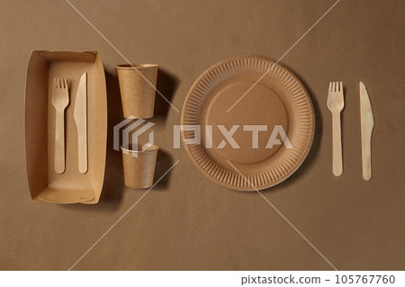 Eco friendly disposable tableware. Biodegradable craft dishes. Recycling concept. Also used in fast food, restaurants, takeaways, picnics. Close-up. 105767760