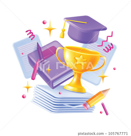3D graduate cap banner, vector education golden cup, online study concept, school book, pencil. 3D graduate cap banner, vector education golden cup, online study concept, school book, pencil. 105767771
