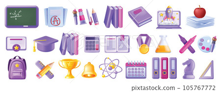 3D back to school icon set, education graduate vector object kit, student backpack study book. 3D back to school icon set, education graduate vector object kit, student backpack study book. 105767772
