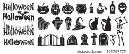 Halloween silhouette element set, vector spooky happy holiday text kit, creepy ghost shape, skeleton 105767775