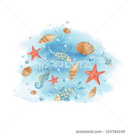 Under the sea composition. Cute seahorse, fishes, starfish, sea shells, water bubbles om blue watercolor splash. Hand drawn illustration. For cards, posters, marine design. Under the sea composition. Cute seahorse, fishes, starfish, sea shells, water bubbles om blue watercolor splash. Hand drawn illustration. For cards, posters, marine design. 105768109