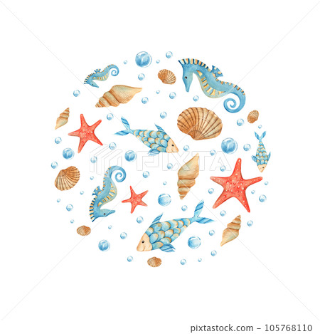 Under the sea round composition. Cute seahorse, fish, starfish, sea shells, water bubbles. Watercolor hand drawn illustration for children isolated on white background. For cards, posters, marine 105768110