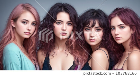 Studio portrait of a group of four young beautiful model smiling and looking at camera. Consumer concept, summer fashion, attractive young women. Casual fashion concept. Generative AI 105768166