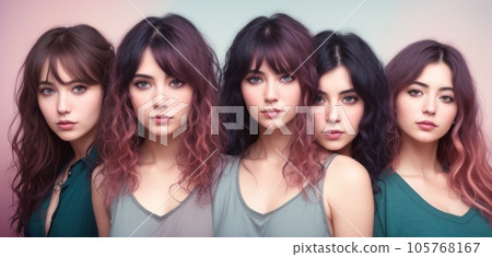 Group of women in casual summer wear. Portrait of five happy confident beautiful multiethnic young friends in comfortable everyday clothes posing in studio. Fashion concept. Generative AI 105768167