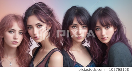 Cheerful positive group of young women of diverse nationalities posing at camera togeher, wearing fashionable casual outfit, international friendship concept. people diversity. Generative AI 105768168
