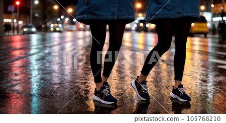 A woman in jeans clothes stands on a wet street. reflection of female legs in puddle on the pavement in city street. Rainy weather concept. Walk after the rain. Youth modern fashion. Generative AI 105768210