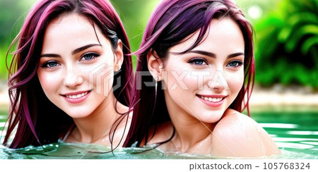 Fashion Women Swimming In Pool In Summer. Happy Sexy Girls In Stylish Swimsuits And wet long hairs Relaxing In Swimming Pool Water, Having Fun And Enjoying Travel Vacation. Generative AI 105768324