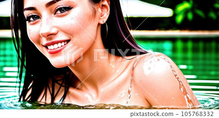 Portrait of a beautiful young woman in swimming pool. beautiful long black wet hair tanned female model posing by blue pool water. Outdoor summer portrait of sexy girl in bikini. Generative AI 105768332