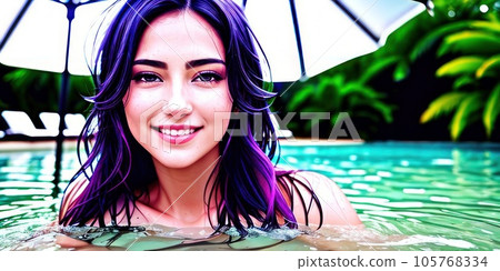 Portrait of a beautiful young woman in swimming pool. beautiful long colorful wet hair tanned female model posing by blue pool water. Outdoor summer portrait of sexy girl in bikini. Generative AI 105768334