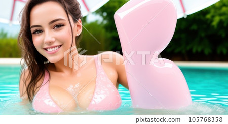 Seductive, toothy smiling alluring woman with curly hairs, posing sensually in wet dress and swimsuit in the glistening ocean of tropical haven, encapsulating the essence of vacation. Generative AI Seductive, toothy smiling alluring woman with curly hairs, posing sensually in wet dress and swimsuit in the glistening ocean of tropical haven, encapsulating the essence of vacation. Generative AI 105768358