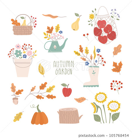 Vector fall garden flowers compositions set. Autumn harvest fest, baskets with plants, fruit, sunflowers for card, banner, poster. Vector fall garden flowers compositions set. Autumn harvest fest, baskets with plants, fruit, sunflowers for card, banner, poster. 105768454