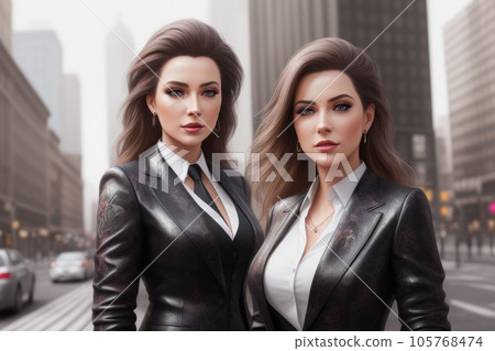 Two Young confident smiling caucasian business women standing on busy street. Proud successful female entrepreneur wearing suit posing and looking at camera in big city outdoors. Generative AI 105768474