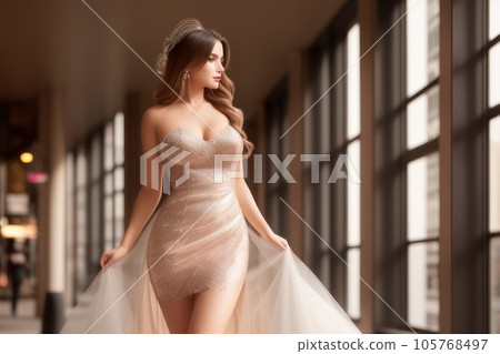 Happy beautiful blonde woman posing at city street. Bokeh lights background. Going to party summer evening. Red lips teeth smile. Fancy Glided cocktail dress. Big city life young style. Generative AI 105768497