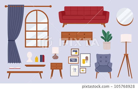 Living room interior elements set in flat retro style. Vector red retro sofa, armchair, posters. Vector illustration Living room interior elements set in flat retro style. Vector red retro sofa, armchair, posters. Vector illustration 105768928