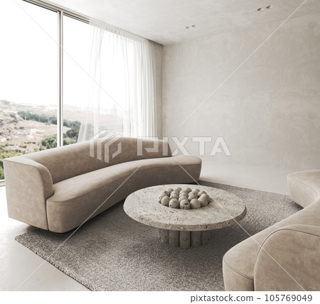Contemporary classic white beige interior with creative composition background. Large modern japanese sofa and nature side view. 3d rendering mock up picture frame. High quality 3d illustration 105769049