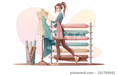 Tailor, fashion designer works with fabric on mannequin. Dressmaker designing clothes, draping textile on dummy. Seamstress work, tailoring. Vector illustration of a seamstress in the workplace. 105769082