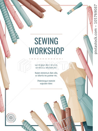 Flyer design with sewing mannequin and fabric rolls. Light industry. Needlework, hobby, sewing. Poster banner for sewing shop, workshop, atelier. 105769087