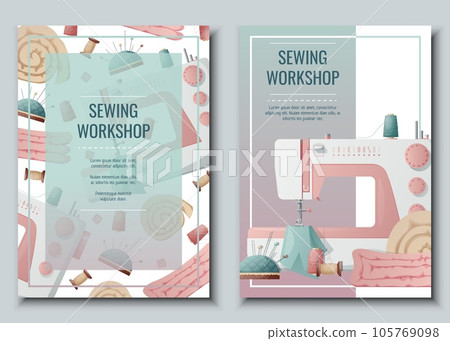Flyer design set with sewing machine and sewing supplies. Light industry. Needlework, hobby, sewing. Poster banner for sewing shop, workshop, atelier. 105769098
