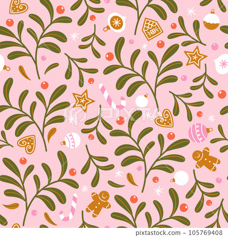 Seamless Christmas pattern with winter plants, gingerbread and Christmas decorations. Seamless Christmas pattern with winter plants, gingerbread and Christmas decorations. 105769408