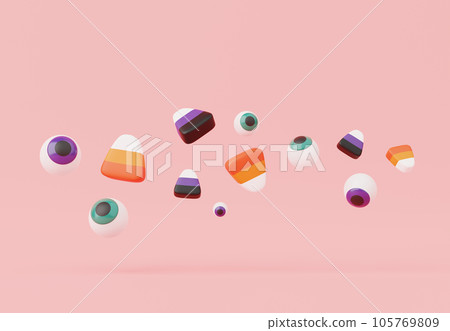 3d render, Halloween party elements decoration with sweet candy eye for celebration event and festival, trick or treat concept. 105769809