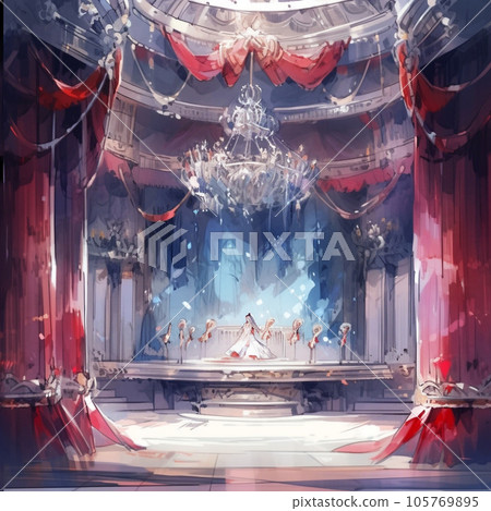 Vintage interior concept illustration. Beautiful antique curtain design. Victorian theater clipart. Vintage interior concept illustration. Beautiful antique curtain design. Victorian theater clipart. 105769895