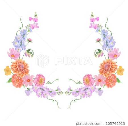 Watercolor botanical colourful frame of summer and autumn flowers: dahlia, zinnia, lathyrus, gillyflower, nasturtium. Good for wedding print products, paper, invitations, greetings, fabric, posters 105769913