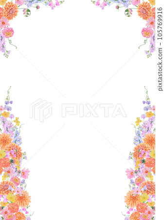 Watercolor botanical colourful frame of summer and autumn flowers: dahlia, zinnia, lathyrus, gillyflower, nasturtium. Good for wedding print products, paper, invitations, greetings, fabric, posters 105769916