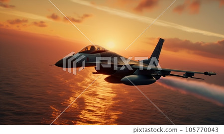 F-16 air force fighter flying over the ocean, beautiful sunset over horizon on the background. Jet military aircraft patrols territory, makes a training flight. Close up aerial view. 3D rendering. F-16 air force fighter flying over the ocean, beautiful sunset over horizon on the background. Jet military aircraft patrols territory, makes a training flight. Close up aerial view. 3D rendering. 105770043