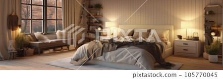 Panoramic image of a country style wooden bedroom in a luxury cottage or hotel. Comfortable large bed, bedside tables, commode, panoramic window. Home decor, cozy interior. 3D rendering. Panoramic image of a country style wooden bedroom in a luxury cottage or hotel. Comfortable large bed, bedside tables, commode, panoramic window. Home decor, cozy interior. 3D rendering. 105770045