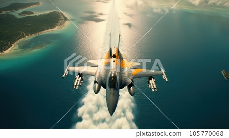 Top view of a military jet fighter flying over the sea, beautiful coastline on the background. Jet trail behind the plane. Territory patrol, military maneuvers, training flight. 3D rendering. 105770068