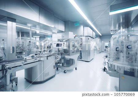 Contemporary drug production workshop interior. Spacy bright sterile room, facility with modern industrial machinery. Manufacturing process: pharmaceutics, semiconductors, biotechnology. 3D rendering. 105770069