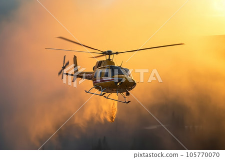 Rescue firefighting helicopter extinguishes a forest fire by dropping a large amount of water on a burning coniferous forest. Saving forests, fighting forest fires. Aerial close-up view. 3D rendering. 105770070