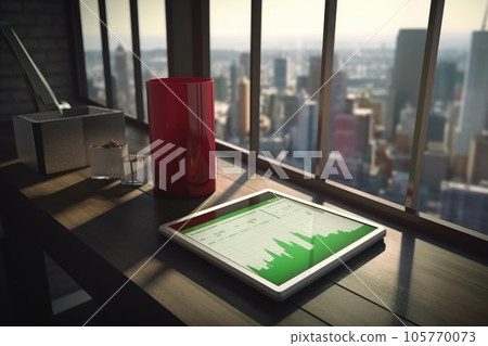 Close-up view of digital tablet and a glass on wooden table in a city apartment or office. Financial chart on the tablet monitor. Panoramic window with stunning modern city view. 3D rendering. 105770073