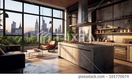 Luxury loft style studio apartment with a free layout in dark colors. Stylish modern kitchen, cozy living area with sofa and armchair, floor-to-ceiling window with stunning city view. 3D rendering. 105770074