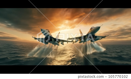 Two air force fighters flying over the ocean at low altitude, beautiful sunset on the background. Jet military aircraft patrols territory, makes a training flight. Close-up aerial view. 3D rendering. Two air force fighters flying over the ocean at low altitude, beautiful sunset on the background. Jet military aircraft patrols territory, makes a training flight. Close-up aerial view. 3D rendering. 105770102
