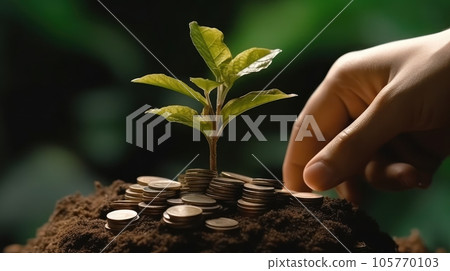 Human hand and young green sprout growing on coin stacks over green blurred background. Business finance strategy, money earning and saving ideas, future investment concept. Copy space. 3D rendering. Human hand and young green sprout growing on coin stacks over green blurred background. Business finance strategy, money earning and saving ideas, future investment concept. Copy space. 3D rendering. 105770103
