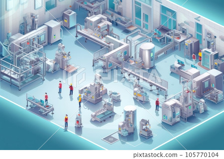 3D mockup illustration of contemporary high-tech production workshop. Facility with modern industrial machinery and conveyors. Manufacturing process: pharmaceutics, semiconductors, biotechnology. 105770104