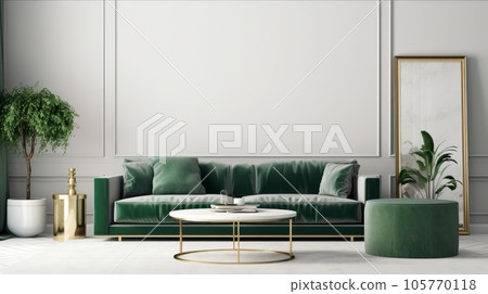 Front view of a modern luxury living room. White wall, green sofa with cushions, ottoman, round coffee table, green plants in floor pots, large standing mirror. Mockup, 3D rendering. 105770118