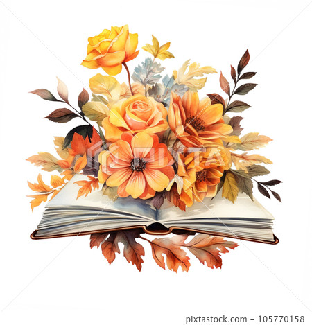 Open book in autumn leaves. Vintage style book illustration for design, print or background. Watercolor education, school design Open book in autumn leaves. Vintage style book illustration for design, print or background. Watercolor education, school design 105770158