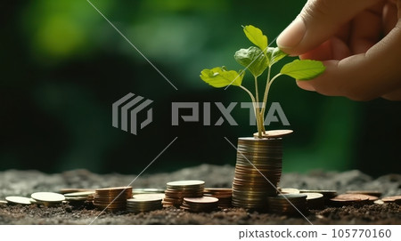 Human hand and young green sprouts growing on coin stacks over green blurred background. Business finance strategy, money earning and saving ideas, future investment concept. Copy space. 3D rendering. Human hand and young green sprouts growing on coin stacks over green blurred background. Business finance strategy, money earning and saving ideas, future investment concept. Copy space. 3D rendering. 105770160
