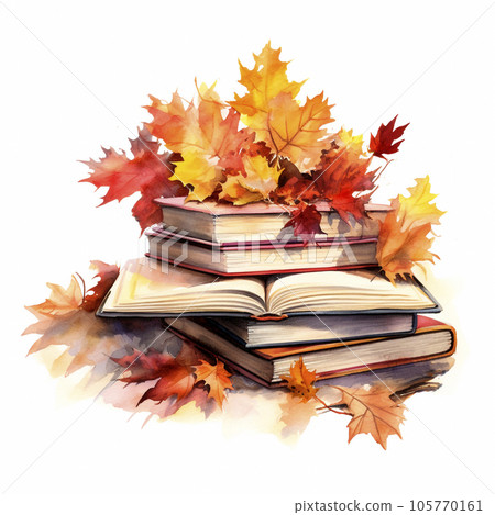 Watercolor illustration of books and autumn leaves. Fall clipart isolated on white background. Watercolor illustration of books and autumn leaves. Fall clipart isolated on white background. 105770161