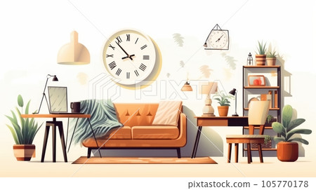 Sketchy image of elegant cozy boho style living room interior with wall clock. Comfortable couch, desk with chair, houseplants in pots, wooden shelving, home decor. Mockup, illustration. Sketchy image of elegant cozy boho style living room interior with wall clock. Comfortable couch, desk with chair, houseplants in pots, wooden shelving, home decor. Mockup, illustration. 105770178
