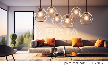 Several glass globe-shaped pendant lights with Edison lamps above a sofa in a cozy living room. Elegant modern interior design with an emphasis on lighting. Mockup, 3D rendering. Several glass globe-shaped pendant lights with Edison lamps above a sofa in a cozy living room. Elegant modern interior design with an emphasis on lighting. Mockup, 3D rendering. 105770179