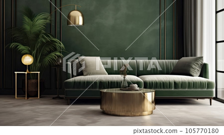Front view of a modern luxury living room in green colors. Empty wall, comfortable sofa with cushions, ottoman, coffee table, green plant in floor pot, pendant light. Mockup, 3D rendering. Front view of a modern luxury living room in green colors. Empty wall, comfortable sofa with cushions, ottoman, coffee table, green plant in floor pot, pendant light. Mockup, 3D rendering. 105770180
