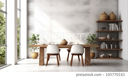 Minimalist composition of loft style dining room interior. Gray concrete walls, wooden table, design chairs, houseplants, table decor, rack, panoramic windows. Mockup, 3D rendering. Minimalist composition of loft style dining room interior. Gray concrete walls, wooden table, design chairs, houseplants, table decor, rack, panoramic windows. Mockup, 3D rendering. 105770181
