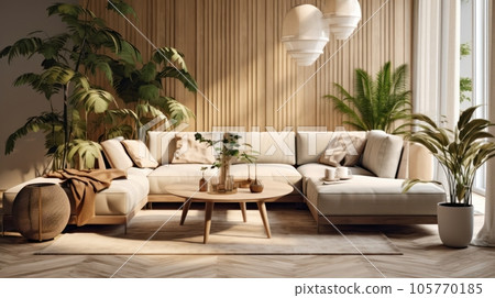 Cozy elegant boho style living room interior in natural colors. Comfortable corner couch with cushions, many houseplants, wooden coffee table, rug on wooden floor, home decor. 3D rendering. 105770185