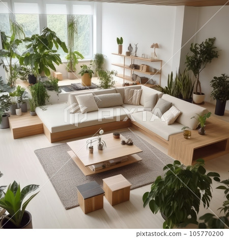 Cozy elegant boho style living room interior in natural colors. Comfortable corner couch with cushions, many houseplants, wooden coffee table, rug on wooden floor, home decor. 3D rendering. Cozy elegant boho style living room interior in natural colors. Comfortable corner couch with cushions, many houseplants, wooden coffee table, rug on wooden floor, home decor. 3D rendering. 105770200