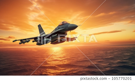 F-16 air force fighter flying over the ocean, beautiful sunset over horizon on the background. Jet military aircraft patrols territory, makes a training flight. Close up aerial view. 3D rendering. 105770201