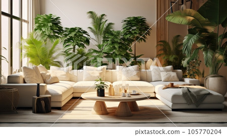 Cozy elegant boho style living room interior in natural colors. Comfortable corner couch with cushions, many houseplants, wooden coffee table, rug on wooden floor, home decor. 3D rendering. Cozy elegant boho style living room interior in natural colors. Comfortable corner couch with cushions, many houseplants, wooden coffee table, rug on wooden floor, home decor. 3D rendering. 105770204