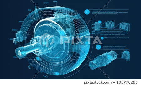 Graphic image of rotating engine and diagram of energy production and use on the blue background. Sustainable energy process. Virtual data technology. Green energy production. Mockup, illustration. 105770265